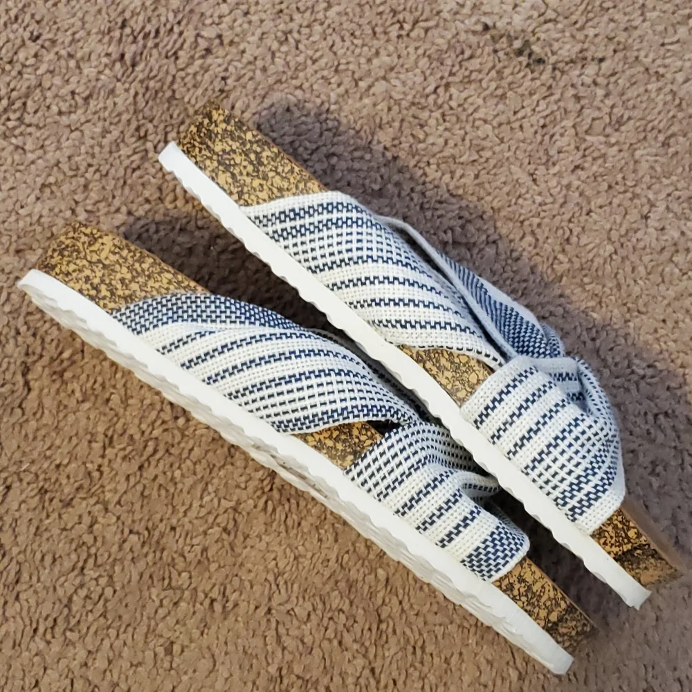 Qupid navy and white striped fabric Luka slides size 6